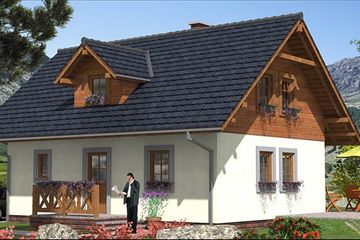 Projekt domu L-29 Dom szkieletowy - parterowy z poddaszem dom o powierzchni 100,30 m², dach dwuspadowy - ujęcie frontu