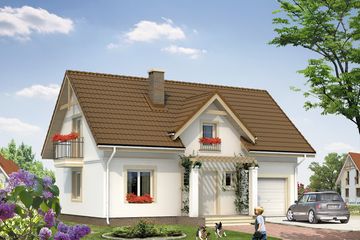 Projekt domu Alka - parterowy z poddaszem dom o powierzchni 116,40 m², dach dwuspadowy, koszt budowy 312 000 zł - ujęcie frontu