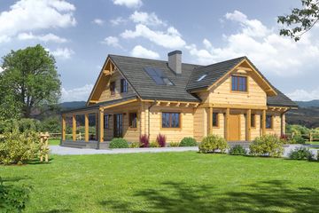 Projekt domu Chmielów dw7 - parterowy z poddaszem dom o powierzchni 194,14 m², dach dwuspadowy, koszt budowy 422 045 zł - ujęcie frontu