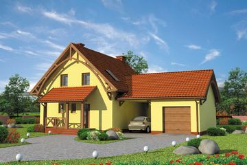 Projekt domu Dolores - parterowy z poddaszem dom o powierzchni 117,11 m², dach dwuspadowy, koszt budowy 323 000 zł - ujęcie frontu