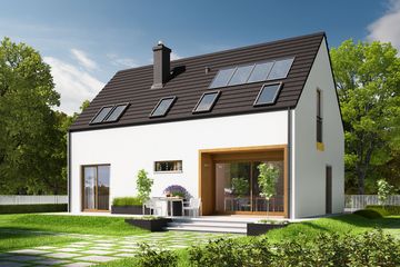 Projekt domu E2 (wersja A) economic - parterowy z poddaszem dom o powierzchni 101,16 m², dach dwuspadowy, koszt budowy 228 736 zł - ujęcie frontu