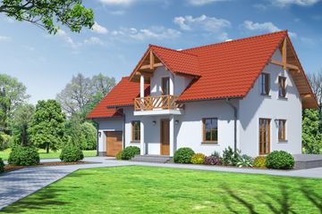 Projekt domu Dziekanowice 3 - parterowy z poddaszem dom o powierzchni 118,95 m², dach dwuspadowy, koszt budowy 159 672 zł - ujęcie frontu
