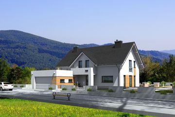 Projekt domu Montana - parterowy z poddaszem dom o powierzchni 160,20 m², dach dwuspadowy, koszt budowy 438 000 zł - ujęcie frontu