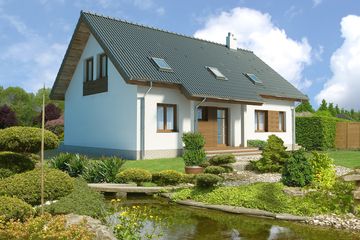 Projekt domu Aston DCP205 - parterowy z poddaszem dom o powierzchni 157,80 m², dach dwuspadowy, koszt budowy 407 000 zł - ujęcie frontu