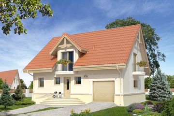 Projekt domu Chaber 3 - parterowy z poddaszem dom o powierzchni 134,40 m², dach dwuspadowy, koszt budowy 354 000 zł - ujęcie frontu
