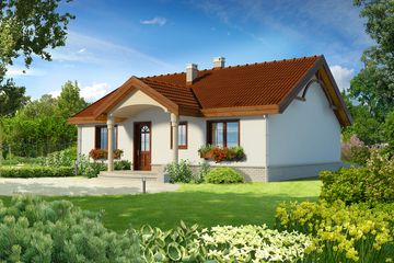 Projekt domu Sintra LMB65 - parterowy dom o powierzchni 92,26 m², dach dwuspadowy, koszt budowy 261 000 zł - ujęcie frontu