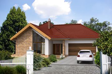 Projekt domu Ajaccio IV DCP282 - parterowy z poddaszem dom o powierzchni 180,23 m², dach kopertowy, koszt budowy 504 000 zł - ujęcie frontu