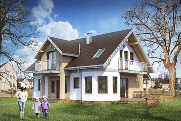 Projekt domu Maryla (1342) - parterowy z poddaszem dom o powierzchni 139,60 m², dach dwuspadowy, koszt budowy 362 000 zł - ujęcie frontu