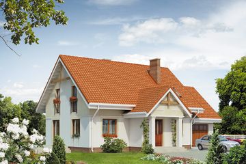 Projekt domu Sójka - parterowy z poddaszem dom o powierzchni 135,72 m², dach dwuspadowy, koszt budowy 348 539 zł - ujęcie frontu