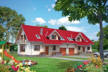 Projekt domu Zoja Lux Duo - murowana – beton komórkowy - parterowy z poddaszem dom o powierzchni 130,20 m², dach dwuspadowy, koszt budowy 212 049 zł - ujęcie frontu