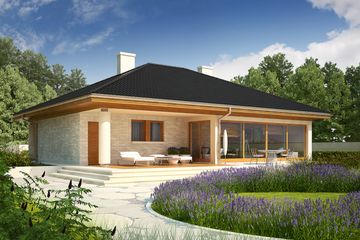 Projekt domu Alan III G1 - parterowy dom o powierzchni 137,07 m², dach kopertowy, koszt budowy 416 000 zł - ujęcie frontu