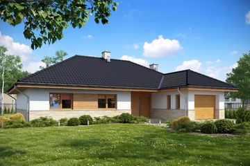 Projekt domu TK38 - parterowy dom o powierzchni 141,77 m², dach kopertowy, koszt budowy 401 000 zł - ujęcie frontu