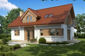 Projekt domu TK23 - parterowy z poddaszem dom o powierzchni 131,89 m², dach dwuspadowy, koszt budowy 340 000 zł - ujęcie frontu