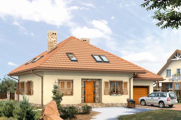 Projekt domu Skowronek 2 - parterowy z poddaszem dom o powierzchni 168,30 m², dach namiotowy, koszt budowy 445 000 zł - ujęcie frontu
