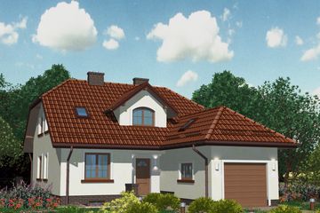 Projekt domu APS 174 - parterowy z poddaszem dom o powierzchni 118,90 m², dach naczółkowy, koszt budowy 337 000 zł - ujęcie frontu