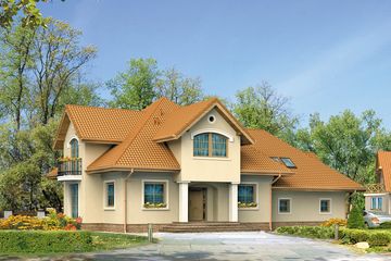 Projekt domu Bachus 6 - parterowy z poddaszem dom o powierzchni 229,80 m², dach namiotowy, koszt budowy 600 000 zł - ujęcie frontu