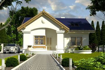 Projekt domu Drozd bez garażu [B] - parterowy z poddaszem dom o powierzchni 107,30 m², dach dwuspadowy, koszt budowy 285 000 zł - ujęcie frontu