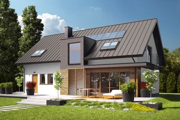 Projekt domu E6 G1 (wersja A) economic - parterowy z poddaszem dom o powierzchni 149,07 m², dach dwuspadowy, koszt budowy 397 000 zł - ujęcie frontu