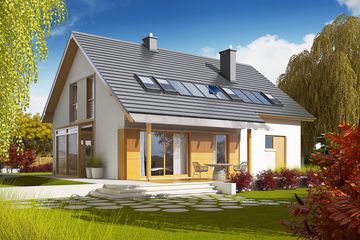 Projekt domu Pablo G1 bianco - parterowy z poddaszem dom o powierzchni 142,17 m², dach dwuspadowy, koszt budowy 382 000 zł - ujęcie frontu