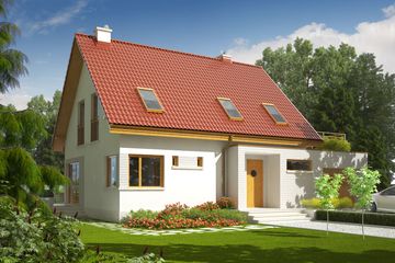 Projekt domu Tim II G1 - parterowy z poddaszem dom o powierzchni 103,87 m², dach dwuspadowy, koszt budowy 287 000 zł - ujęcie frontu