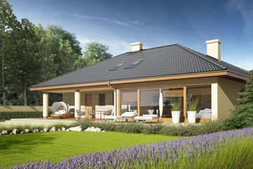 Projekt domu Alan II G2 - parterowy dom o powierzchni 137,49 m², dach kopertowy, koszt budowy 481 000 zł - ujęcie frontu