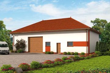 Projekt budynku gospodarczego G241 budynek gospodarczy - parterowy dom o powierzchni 163,79 m², dach kopertowy, koszt budowy 209 651 zł - ujęcie frontu