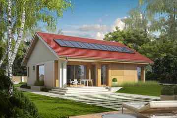 Projekt domu Rafael - parterowy dom o powierzchni 75,37 m², dach dwuspadowy, koszt budowy 223 000 zł - ujęcie frontu