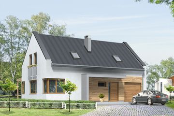 Projekt domu Magnolia - parterowy z poddaszem dom o powierzchni 113,82 m², dach dwuspadowy, koszt budowy 224 982 zł - ujęcie frontu
