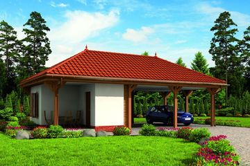 Projekt budynku gospodarczego G239 budynek gospodarczy - parterowy dom o powierzchni 17,51 m², dach kopertowy, koszt budowy 54 486 zł - ujęcie frontu