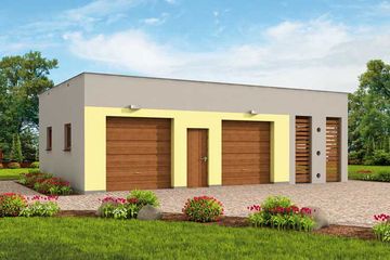 Projekt budynku gospodarczego G254 budynek gospodarczy - parterowy dom o powierzchni 68,42 m², dach płaski, koszt budowy 66 559 zł - ujęcie frontu
