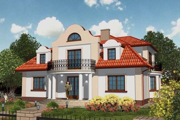 Projekt domu APS 048 - parterowy z poddaszem dom o powierzchni 255,20 m², dach mansardowy, koszt budowy 671 000 zł - ujęcie frontu