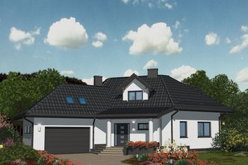 Projekt domu APS 065 - parterowy z poddaszem dom o powierzchni 190,10 m², dach czterospadowy, koszt budowy 503 000 zł - ujęcie frontu