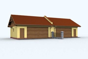 Projekt budynku gospodarczego G87 budynek gospodarczy - parterowy dom o powierzchni 44,42 m², dach dwuspadowy, koszt budowy 43 212 zł - ujęcie frontu
