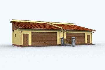 Projekt budynku gospodarczego G88 budynek gospodarczy - parterowy dom o powierzchni 44,42 m², dach jednospadowy, koszt budowy 43 212 zł - ujęcie frontu