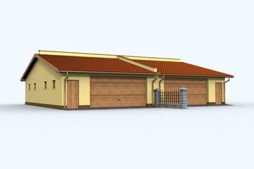 Projekt budynku gospodarczego G91 budynek gospodarczy - parterowy dom o powierzchni 196,28 m², dach dwuspadowy, koszt budowy 271 338 zł - ujęcie frontu