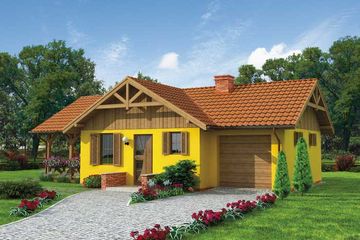 Projekt domu letniskowego Modena dom letniskowy - parterowy dom o powierzchni 45,76 m², dach wielospadowy, koszt budowy 77 316 zł - ujęcie frontu