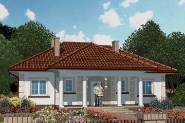 Projekt domu APS 070 - parterowy dom o powierzchni 123,40 m², dach kopertowy, koszt budowy 349 000 zł - ujęcie frontu