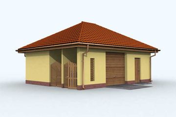 Projekt budynku gospodarczego G108 budynek gospodarczy - parterowy dom o powierzchni 50,14 m², dach kopertowy, koszt budowy 48 777 zł - ujęcie frontu