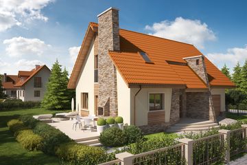 Projekt domu Basia G1 - parterowy z poddaszem dom o powierzchni 94,23 m², dach dwuspadowy, koszt budowy 258 000 zł - ujęcie frontu