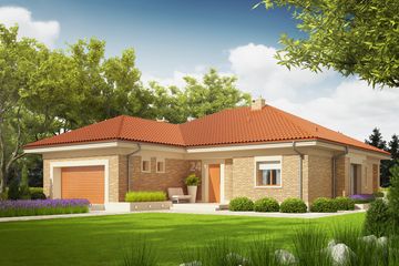 Projekt domu Eris G2 (wersja A) - parterowy dom o powierzchni 114,55 m², dach kopertowy, koszt budowy 358 000 zł - ujęcie frontu