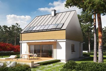 Projekt domu E3 economic (wersja B) - parterowy z poddaszem dom o powierzchni 101,20 m², dach dwuspadowy, koszt budowy 264 000 zł - ujęcie frontu