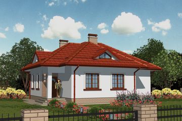 Projekt domu APS 002 - parterowy dom o powierzchni 112,20 m², dach czterospadowy, koszt budowy 323 000 zł - ujęcie frontu