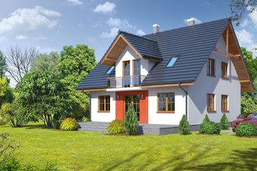 Projekt domu Czaplowo - parterowy z poddaszem dom o powierzchni 135,29 m², dach dwuspadowy, koszt budowy 348 000 zł - ujęcie frontu