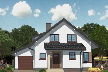 Projekt domu APS 112 - parterowy z poddaszem dom o powierzchni 125,80 m², dach dwuspadowy, koszt budowy 336 000 zł - ujęcie frontu