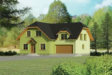 Projekt domu AB-050 - parterowy z poddaszem dom o powierzchni 224,70 m², dach naczółkowy - ujęcie frontu