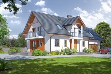 Projekt domu Jaworze 7 - parterowy z poddaszem dom o powierzchni 119,23 m², dach dwuspadowy - ujęcie frontu