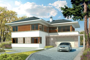 Projekt domu Leonardo G2 - z pełnym piętrem dom o powierzchni 216,34 m², dach kopertowy, koszt budowy 575 000 zł - ujęcie frontu