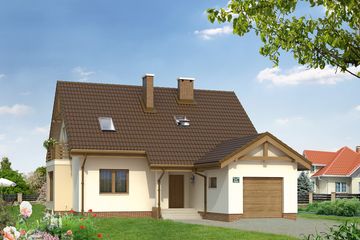 Projekt domu Aloes 3 - parterowy z poddaszem dom o powierzchni 133,70 m², dach dwuspadowy, koszt budowy 360 000 zł - ujęcie frontu