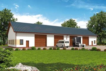 Projekt garażu G307 garaż czterostanowiskowy z pomieszczeniami gospodarczymi - parterowy dom o powierzchni 418,80 m², dach dwuspadowy, koszt budowy 536 064 zł - ujęcie frontu