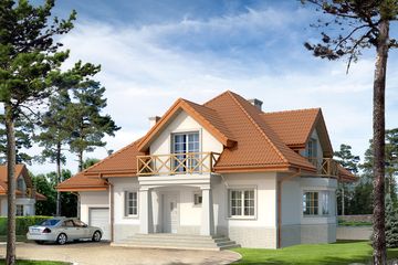 Projekt domu Puszczyk - parterowy z poddaszem dom o powierzchni 164 m², dach kopertowy, koszt budowy 433 000 zł - ujęcie frontu